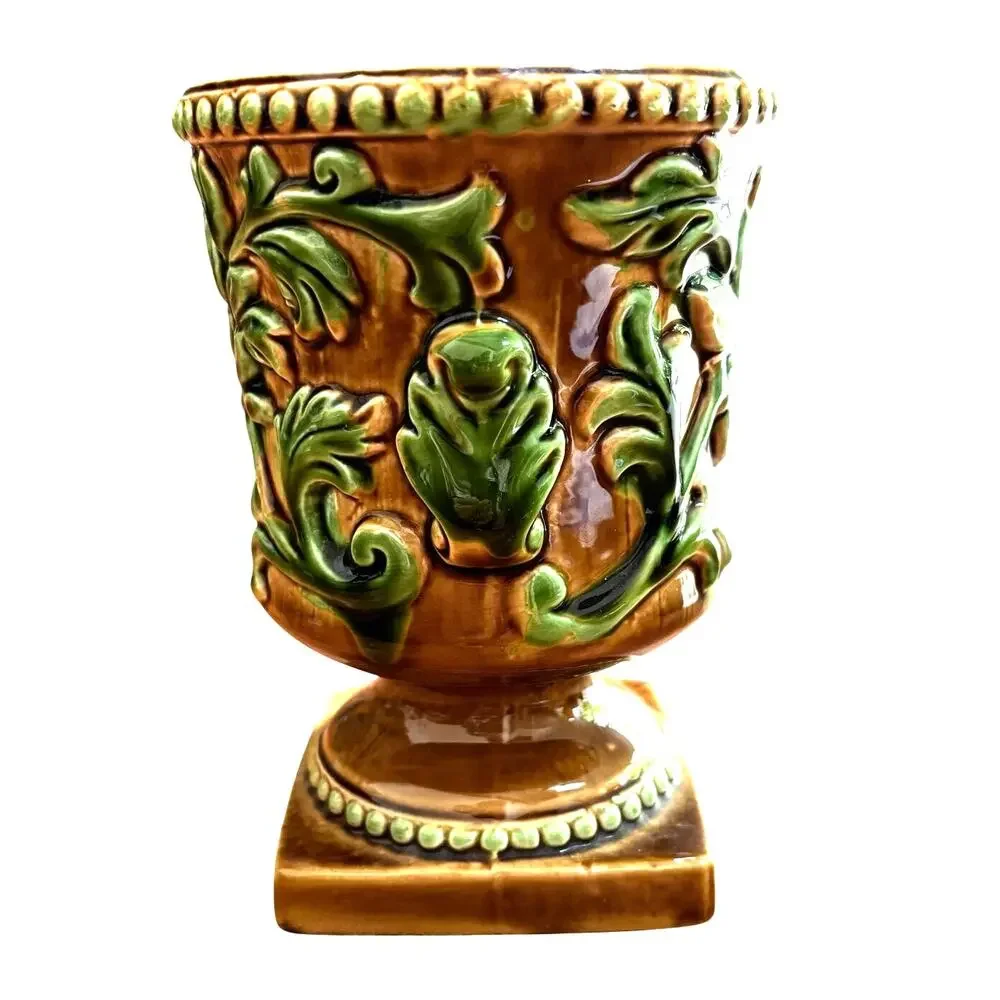 Vintage Inarco E-3370 pedestal vase brown & green majolica style planter pot